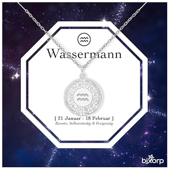 Bixorp Sternzeichen Wassermann Halskette - Sternzeichen-Medalion aus Edelstahl in Silber – Zodiac-Halskette auf Geschenkkarte