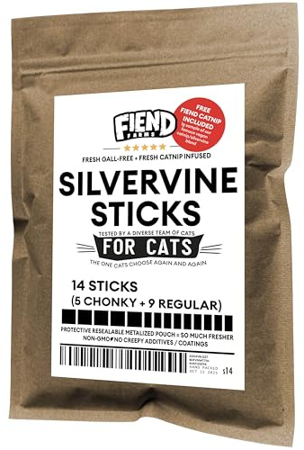Fiend Silvervine Sticks for Cats – Real Dried Silver Vine + Catnip Infused – 14 Count (5 Chonky + 9 Regular) Toys Made by Nature for Play Instincts and Shenanigans - Create a Monster