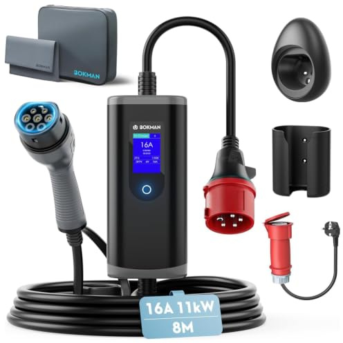 bokman Typ 2 Laddkabel Elbil 11 kW 8m | Med CEE-kontakt & Adapterkabel | 16A 3-fas, 5-polig CEE-kontakt, IP65-box, kompatibel med BEV/PHEV, för hemmet och på resan