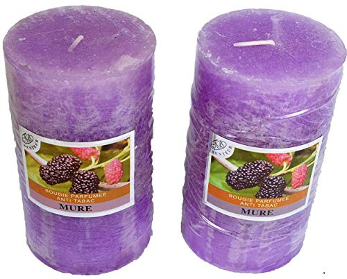 Lot De 2 Grosses Bougies Votives Decoratives Parfumées, Anti Tabac, Candles Pour La Decoration de L'Intérieur De votre Maison Et pour Créer Une Ambiance. Color Violet, Parfum Mure 6x10cm Durée 40h