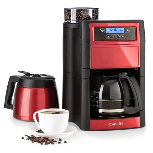 KLARSTEIN Machine a Cafe Grain, Cafetiere a Grain avec Broyeur 1000W, Minuterie et Filtre à charbon actif, 5 Niveaux de Mouture, 10 Tasses, Cafetière à Grain Expresso, Machines à Café Automatiques