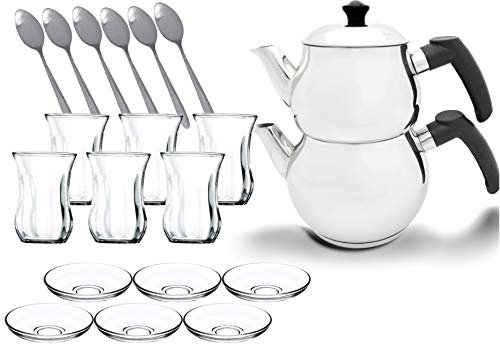 Türkischer Teekocher Wasserkocher Demlik Caydanlik Cay Mini Piramit Teekanne Induktion (Schwarz Model 2 + Glasset)