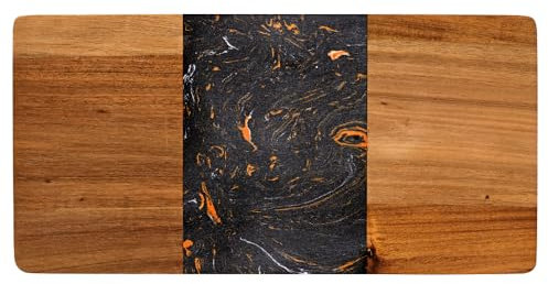 Kadum Plateau de service 40 cm x 20 cm x 1,4 cm | Planche de service utilisable des deux côtés en marbre et bois d'acacia | Grande planche à découper pour les plats à manger | Planche en marbre noir