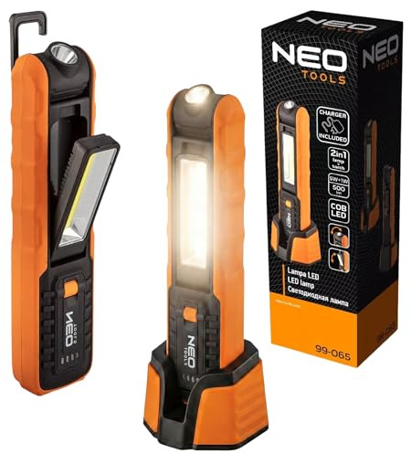 NEO TOOLS Akku-Werkstattlampe 500 lm COB LED + Sockel + Ladegerät, 2 in 1 Lampe + Taschenlampe, Arbeitsleuchte mit Magnet und Haken 3,7-V-Li-Ion-Akku mit Einer Kapazität von 2600 mAh