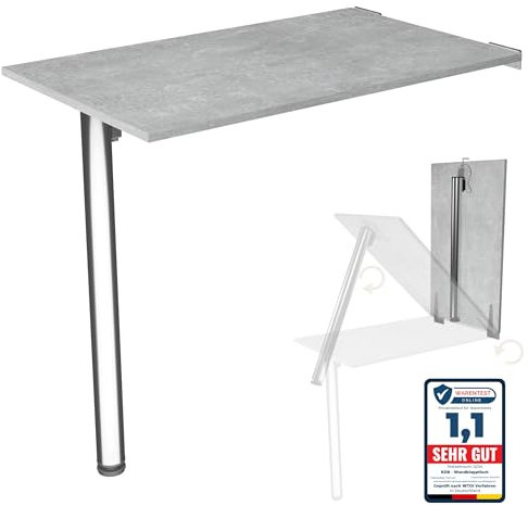 KDR Wandklapptisch 80x50 cm Betonoptik – Klapptisch mit Tischbein in Chrom zur Wandmontage – als Esstisch, Schreibtisch oder Küchentisch – Höhe 74 cm
