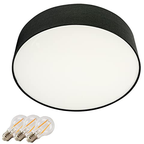 INNOVATE Textil Deckenleuchte Ø40cm E27 | Lampenschirm Grau | 10cm hohe Stoffschirm Lampe rund | Ceiling light | Stoff Deckenlampe Schlafzimmer | LED Deckenleuchte Wohnzimmer | (inkl. 3x E27 LEDs)