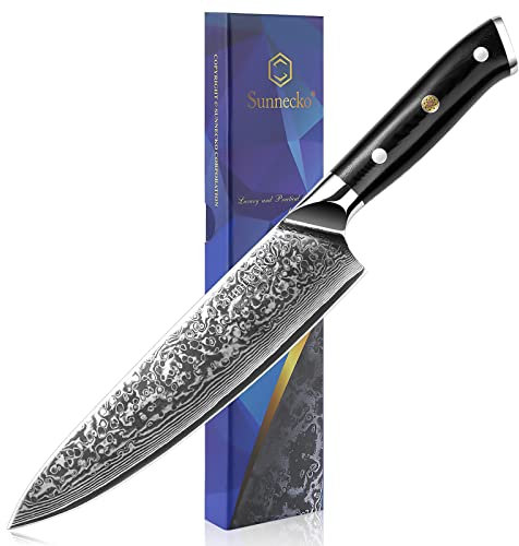 Sunnecko Damascus Chef Knife 8 inch, Sharp Kitchen Knives with 73-Layer VG10 Damascus Steel, Chefs Knife with G10 Handle Professional Knife with Elegant Box for Meat