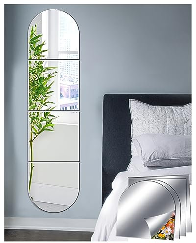 Sqinor Self Adhesive Acrylic Mirror Stick On Full Length Mirrors, Sticky Plexiglass Mirror Tiles Mirror Wall Stickers Door Full Body Mirror Long Wall Mirrors for Bedroom Living Room Gym Hallway Walls