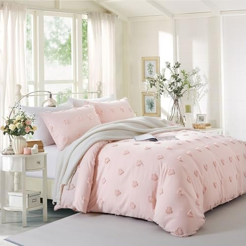 Freyamy Romantisch Bettwäsche 135x200 2teilig Rosa Einfarbig Bettwäsche Stickerei Handwerk Bohemian Weich Warm Bettwäsche-Sets Gewaschene Mikrofaser Bettbezug mit Reißverschluss + Kissenbezüge 80x80