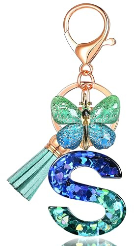 JINGUAZI Initial letter Keychains for Women Tassel Butterfly Pink Purple Cute Car Keychain for Wallet Backpack bag charm (S-Blue Green)