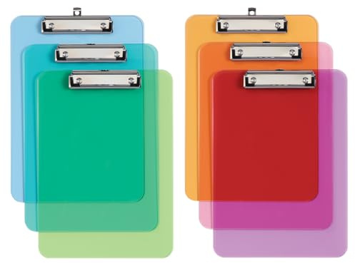 Oxford Plastic Clipboards, Metal Clip with Plastic Corners, Writing Surface with Hanging Loop, Assorted Colors, 12.5 x 9, 6 Pack (25402)