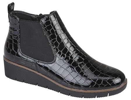Jo & Joe Ladies Croc Patent Chelsea Wedge Ankle Boot With Side Gusset, Inside Zip For Ease Of Wear & Warm Fur Lining. Sizes 4-8 (Black, UK Footwear Size System, Adult, Women, Numeric, Medium, 6)