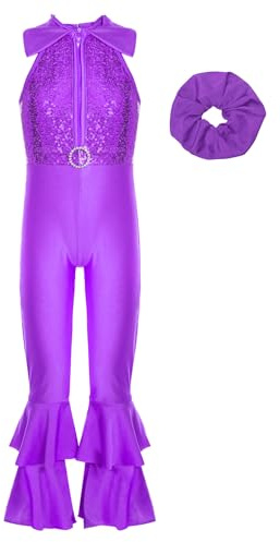 Freebily Kids Girls Shiny Metallic Sequin Bodysuit Jumpsuit with Headwear Jazz Dance Disco Costume Purple 9-10 Years