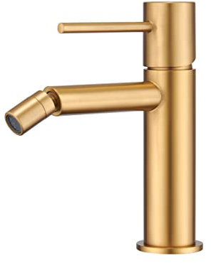 GALYON IMEX Grifo de Bidé Monomando Serie Monza - Grifo de Cuerpo de Latón con Cartucho Cerámico Ø26 mm TOP, Conexión Flexos 3/8”, Diseño Compacto para Baños Modernos (Oro Cepillado)