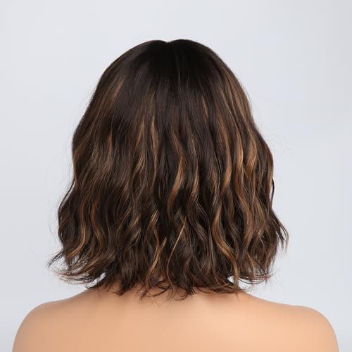 SIMKAYLEE Gewellt Kurze Perücke Braun Blonde Spitzen mit Pony Damen Locken Perrücke Braun mit Blonden Strähnen Highlights für Frauen Dunkelbraune Perücken Gemischt Blond mit Dunklem Ansatz (30cm)