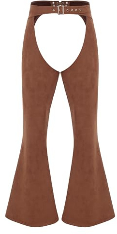inlzdz Women's Mens Faux Seude Cowgirl Pants Cowboys Chaps Fancy Dress Adjustable Waist Bell Bottom Trousers for Theme Party Brown L
