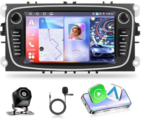 Motorsi Autorradio Android 15 4+64G para Ford Focus 2 Mondeo 9 Galaxy 2 C-MAX S-MAX, Autorradio 2 DIN 7 Pulgadas Bluetooth 5.0 iOS Carplay Android Auto Radio EQ GPS WiFi Compatible con Dab