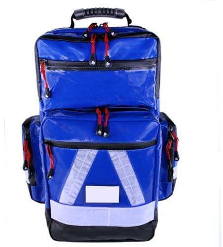 Team Impuls NFA Notfallrucksack LEER - blau aus Plane mit weißen Reflexstreifen und Waterstop Reißverschlüssen