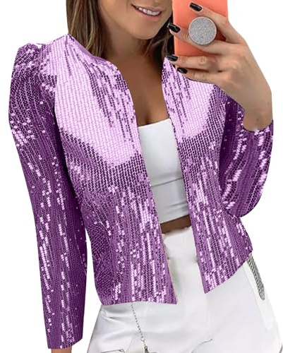 Blazer pour femme avec paillettes et perles étincelantes, blazer court ouvert sur le devant, cardigan à manches longues avec doublure pour soirée, événements, festivals, violet, XXL