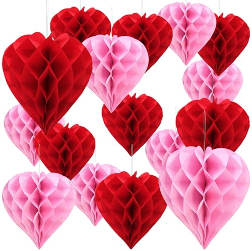 Cisolen 16 bolas de papel decorativas para el día de San Valentín, bolas de papel de seda para colgar, reutilizables, románticas, diseño de panal de abeja, propuesta de matrimonio, decoraciones de