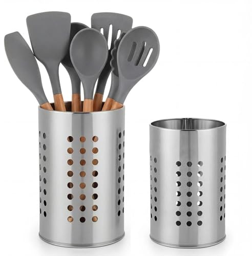 Gykutix 2-teiliges Küchenutensilienhalter Edelstahl Behälter für Küchenutensilien Utensilienhalter Küche Besteckabtropfkorb Küchentheke Runden Besteckständer für Arbeitsplatte Aufbewahrung