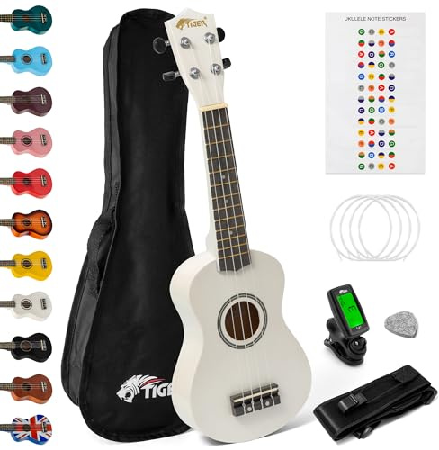 Tiger UKEKIT-WH Soprano Ukulele Kit – Suitable for Beginners and Children – Chromatic Tuner, Strap, Carry Bag, Notes Sticker, Felt Pick, Spare Strings, with Aquila Strings Fitted - White