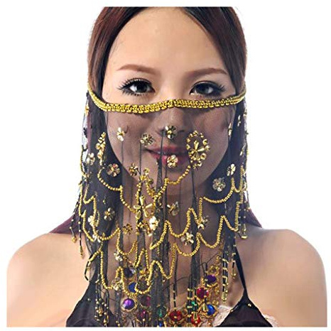 Wuchieal Women's Belly Dance Tribal Face Veil With Halloween Costume Accessory (Black)