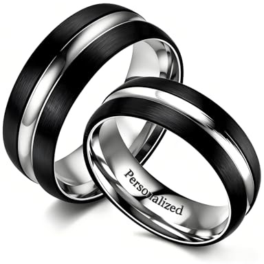 Ihanskio Anillo Personalizado Para Pareja De Anillos De Patrón De Rayas Azules En El Interior Puede Grabar Anillos De Compromiso De Boda De Promesa (Black, Custom)