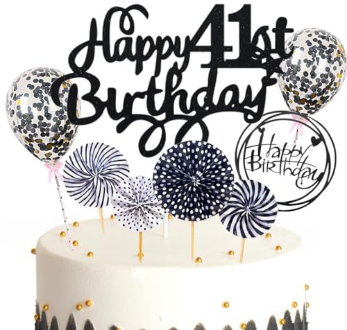 Feelairy Topper Tarta Cumpleaños 41 años Hombre Mujer, Negro Decoración Tarta de Cumpleaños 41 años, Cake Topper Happy Birthday Decoración, Adornos para Tartas de Cumpleaños 41 años Mujeres Hombre