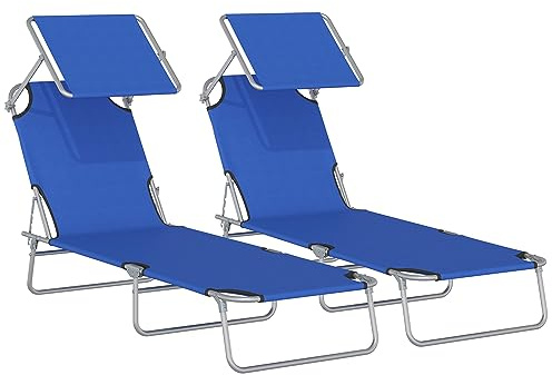 Outsunny Lot de 2 Transats Bain de Soleil Pliable Chaise Longue Pliante Grand Confort Dossier Inclinable Multi-Positions et Pare-Soleil réglable Dim. 187L x 58l x 36H cm Bleu