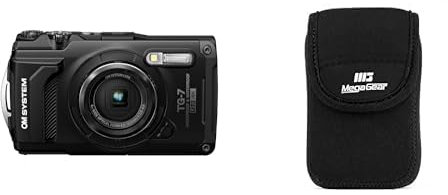 OM SYSTEM Tough TG-7 Black Digital Camera, 12MP, Waterproof, Shockproof & MegaGear MG797 Olympus Tough TG-6, TG-5, TG-870, TG-4, TG-860 Ultra Light Neoprene Camera Case, with Carabiner - Black