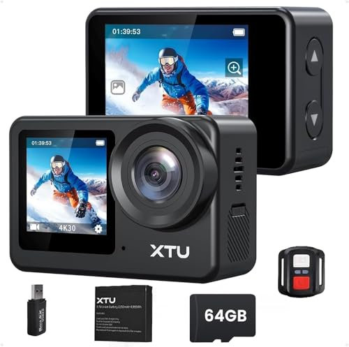 XTU Camera Sport 4K 30FPS 20MP avec Carte SD 64Go, Caméra Étanche sous Marine avec Écran Tactile Double Affichage, Action Cam avec 2.4GHz WiFi Télécommande, EIS Stabilisation4.0, Kit d'Accessoire