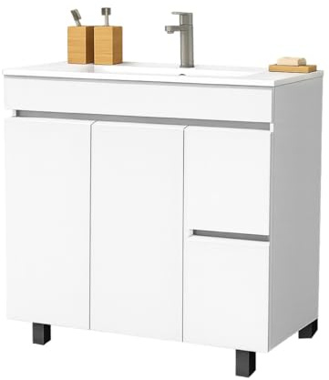 EL BAÑO MODERNO Juego Mueble Baño con Lavabo. Mueble Lavabo 80 cm. Mueble Bajo Lavabo Compacto Preinstalado de Fábrica. Mueble Baño con Lavabo 80 cm con Pie de Porcelana. No Incluye Espejo.