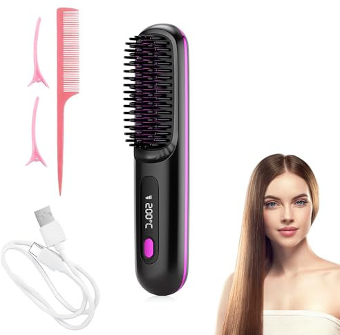 DSXVJHD Cordless Hair Straightener Brush, Hair Straightener Hot Comb with 3 Temperatures, Rechargeable Portable Heated Hot Air Styling Brush for All Hair Types