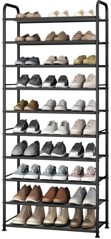 STO STO 10-Tier Shoe Rack with Sturdy Mesh Shelves, Tall Metal Shoe Organizer for Entryway, Closet, Garage, Front Door, Holds 30 Pairs, Free Standing Large Shoe Storage Shelf, Adjustable Feet, Black