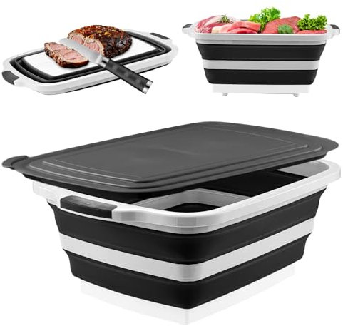 BBQ Prep Tub with Lid and Cutting Board, Collapsible Barbecue Tool Set for Marinating, Meal Prep, Food Storage, Grilling, Camping and Outdoor Cooking, Dishwasher Safe, Black XX-Large