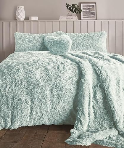HOMES-LINEN Teddy Bear Fleece Long Fur Cuddles Alaska Luxury Duvet Cover Set Warm Cosy Soft Teddy Bedding Set (Duck Egg, Double)