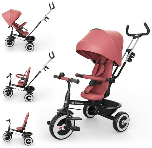 Kinderkraft ASTON 2 PRO triciclo passeggino, seduta girevole 360° CLICK & TWIST, posizione semi-reclinabile fronte e retro marcia, pedali a ruota libera, cappottina con finestra, Pink