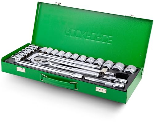 Mallette à outils 24 pièces 1/2 6 pans en acier CR-V avec rallonges à cliquet, poignée en T et joint de cardan dans un coffret en plastique robuste pour bricolage automobile et atelier