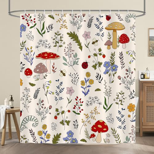 COZZSNUGE Duschvorhang 180 x 180 cm Vintage Pilz, Bunte Blume Naturpflanze Ästhetik Duschvorhänge Anti-schimmel Wasserdicht Polyester Stoff Badvorhang mit 12 Duschvorhangringen