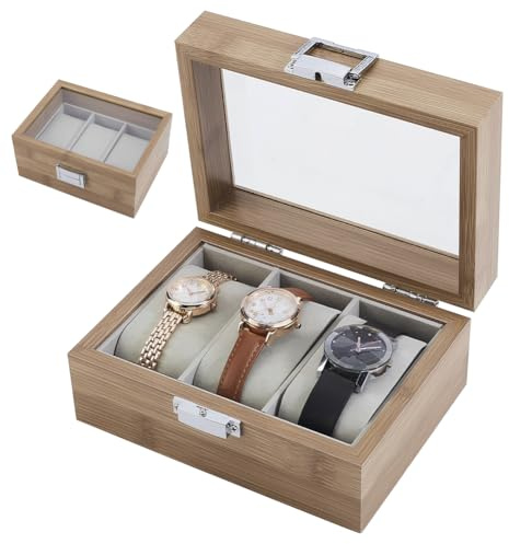 AHANDMAKER Boîte à montres, 3 fentes en bois, avec fenêtre en verre transparent et coussin en velours, organisateur de rangement pour hommes et femmes, cadeaux, chameau