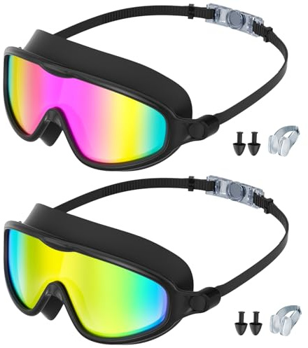 LadJarr 2 Pack Swimming Goggles Wide Vision Swim Goggles with Ear Plugs Nose Clip Anti Fog UV Protection No Leakage Clear Vision for Adults Men Women