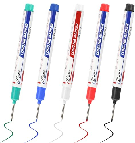 Stylo Chantier, 5 PCS Marqueur Trou Profond Marqueurs Charpentier Marqueurs Imperméables Pointe Longue 20 mm Marqueur Precision Chantier pour Bois Métal Plastique et Carton Noir Bleu Rouge Blanc Vert