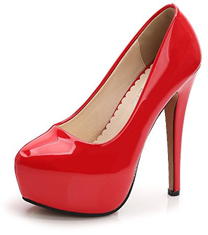 OCHENTA Women's Round Toe Stiletto High Heel Platform Slip On Pumps for Party Evening PU Red1 Size 46 - UK 10.5