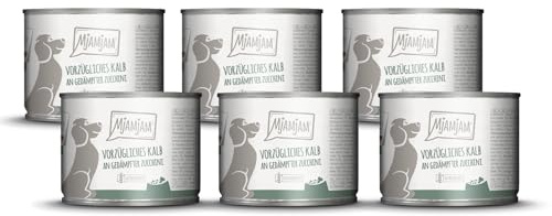 MjAMjAM - cibo umido premium per cani - ottimo vitello con zucchine al vapore, confezione da 6 (6 x 200 g), senza cereali con carne extra