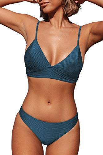 CUPSHE Damen Bikini Set Triangel Breites Unterbrustband Gerippte Bademode Zweiteiliger Badeanzug Blau XS