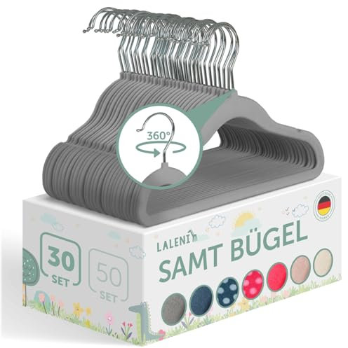 Laleni Kinderkleiderbügel 30 Stück + Samtbezug - platzsparende 360° drehbare Kleiderbügel mit rutschfestem Bezug in grau für Kinder und Babys