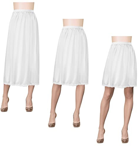 Haysandy 3 Pieces Half Slips for Women 3 Kinds of Length 19, 27, 35 Inch Slip Under Dress Satin Lace Long Skirt (White, Medium)