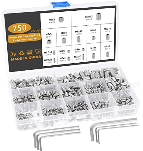 Gueenky 750 Pièces Vis Sans Tete Hexagonale, M2,5 M3 M4 M5 M6 M8 Vis-pointeau Acier Inoxydable, 15 Tailles Vis Sans Tete Vis Pointeau avec Clé Allen