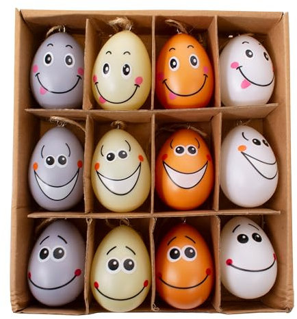 Bunte Ostereier aus Kunststoff mit Gesichtern 12 Stück, Oster Eier zum Aufhängen oder als Osterdeko, 12 Ostereier aus Plastik mit Band 6x4cm groß, Diverse Farben, ideale Beigabe zum Oster-Geschenk